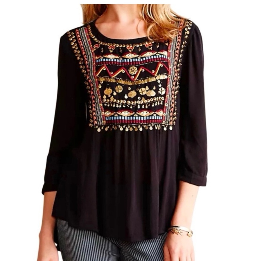 Anthropologie HD In Paris Tunic Top high-low Embroidered Boho Aztec Women Size 2